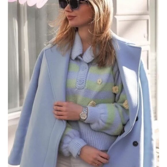 Zara Crochet 3D Floral Embroidered Striped Polo Collared Sweater L Blue Fairy - Picture 3 of 16